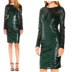 Carmen Marc Valvo Infusion Green Sequined Long Sleeve Sheath Dress Size 2